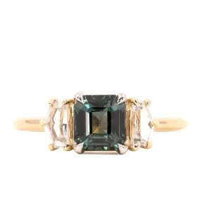 1.32ct Asscher Cut Color-Shifting Sapphire and White Sapphire Three Stone Ring in Platinum & 14k Yellow Gold