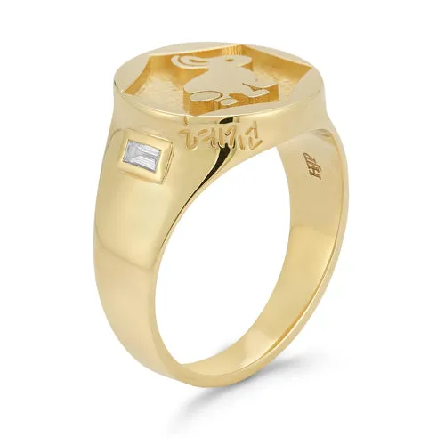 14k Yellow Gold Bunny Signet Ring with Baguette side stones