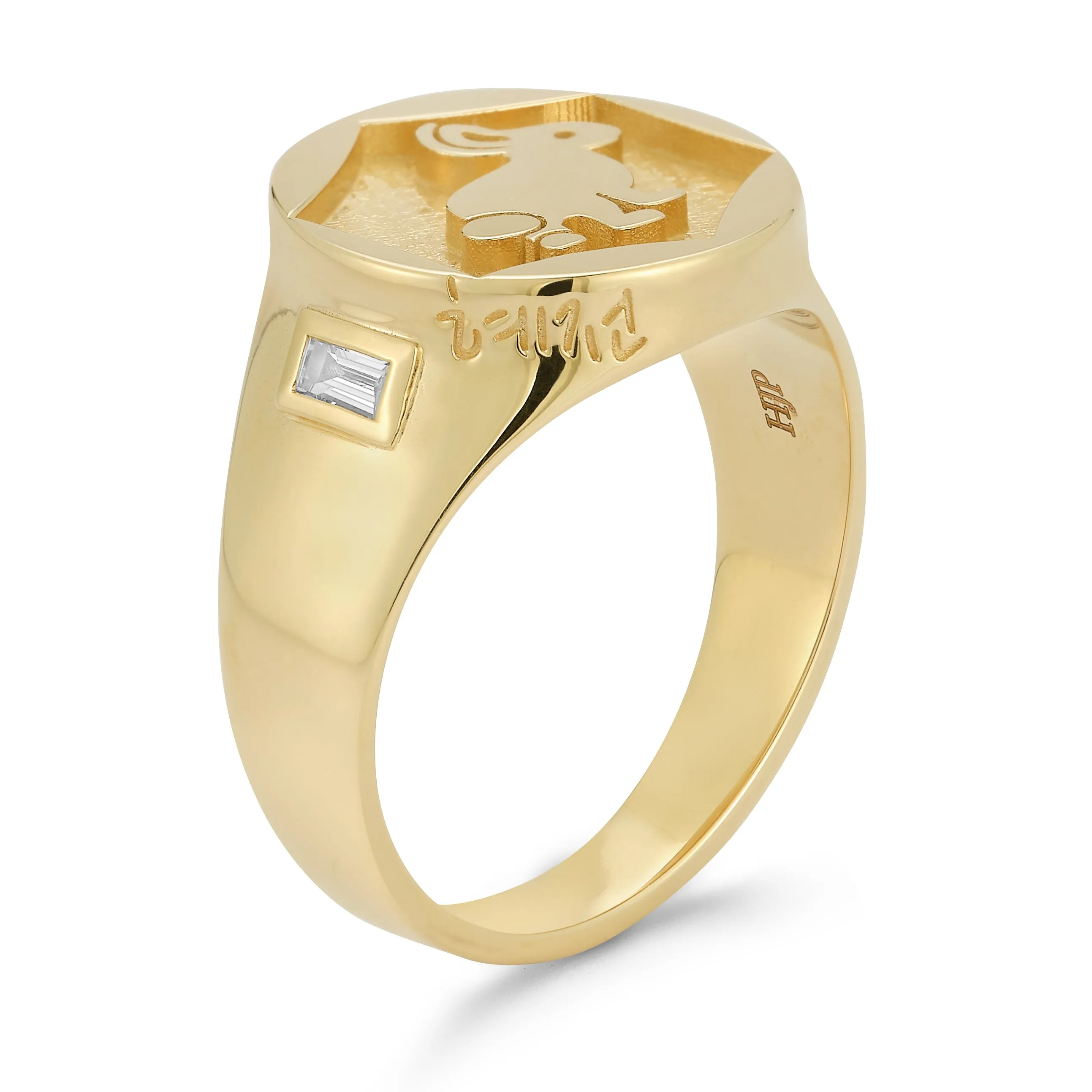 14k Yellow Gold Bunny Signet Ring with Baguette side stones