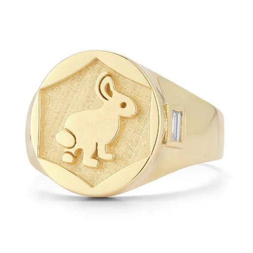 14k Yellow Gold Bunny Signet Ring with Baguette side stones