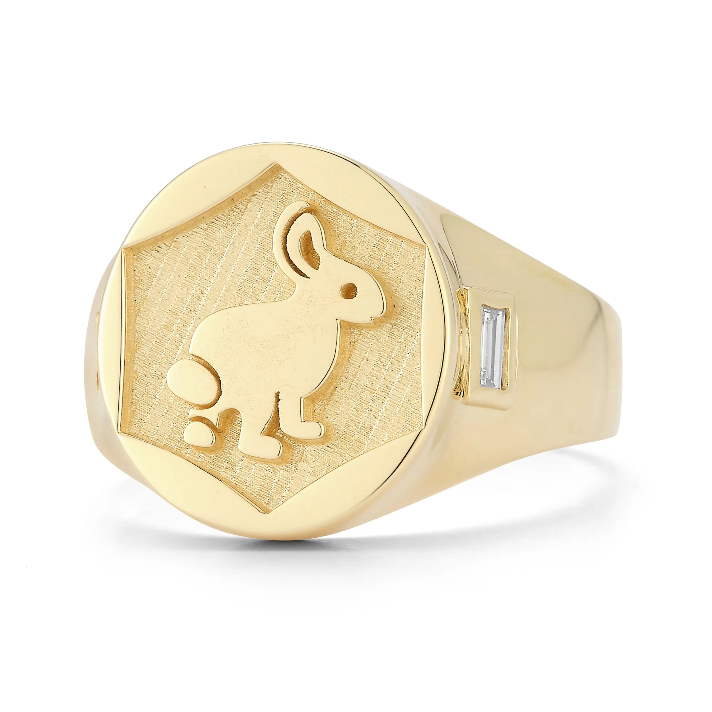 14k Yellow Gold Bunny Signet Ring with Baguette side stones