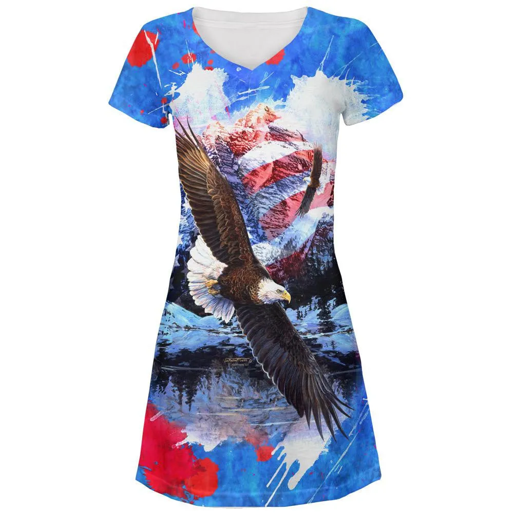 4th of July American Flag Bald Eagle Splatter All Over Juniors V-Neck Dress