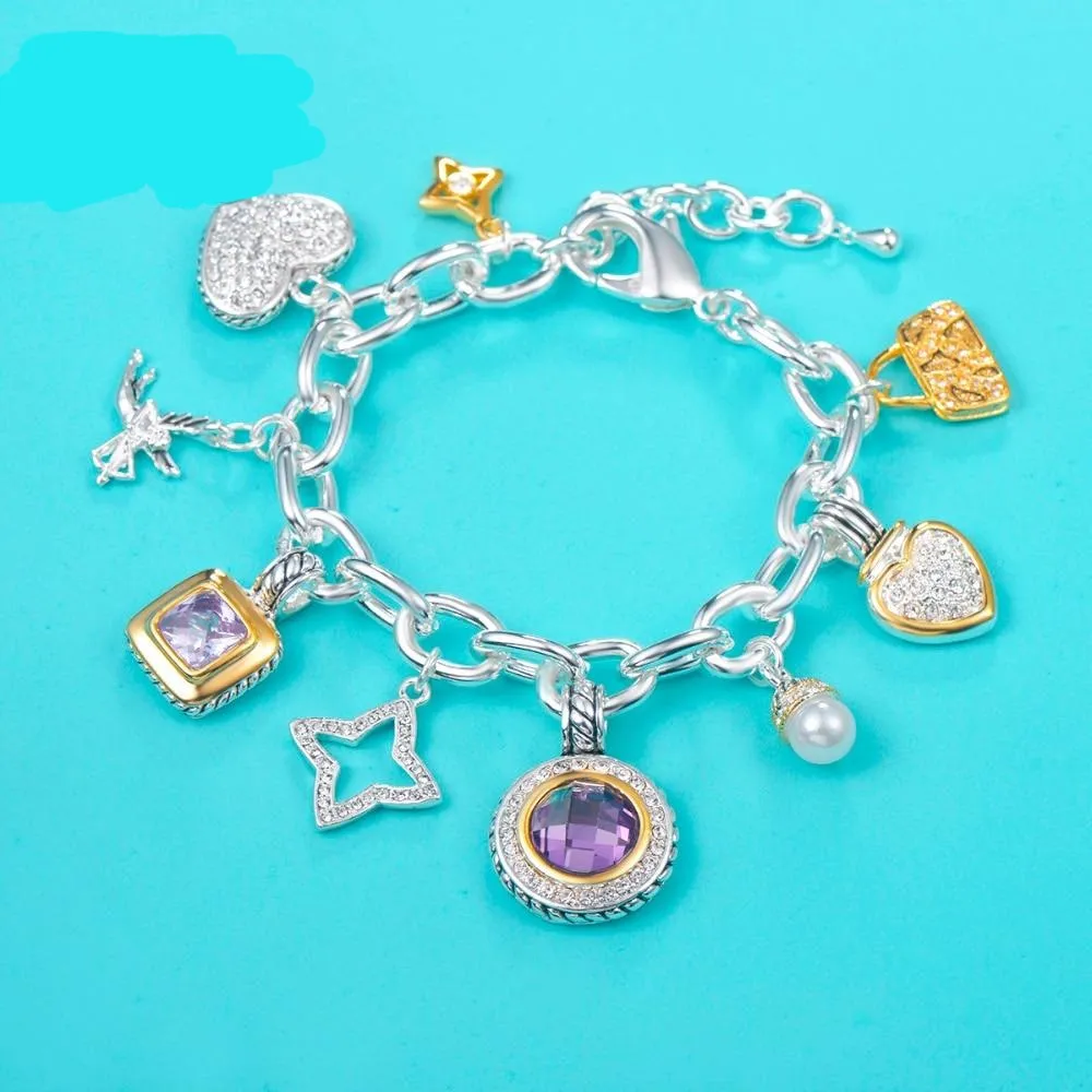 Amethyst Pave Heart Cupid Multi Charms Luxury Charm Bracelet