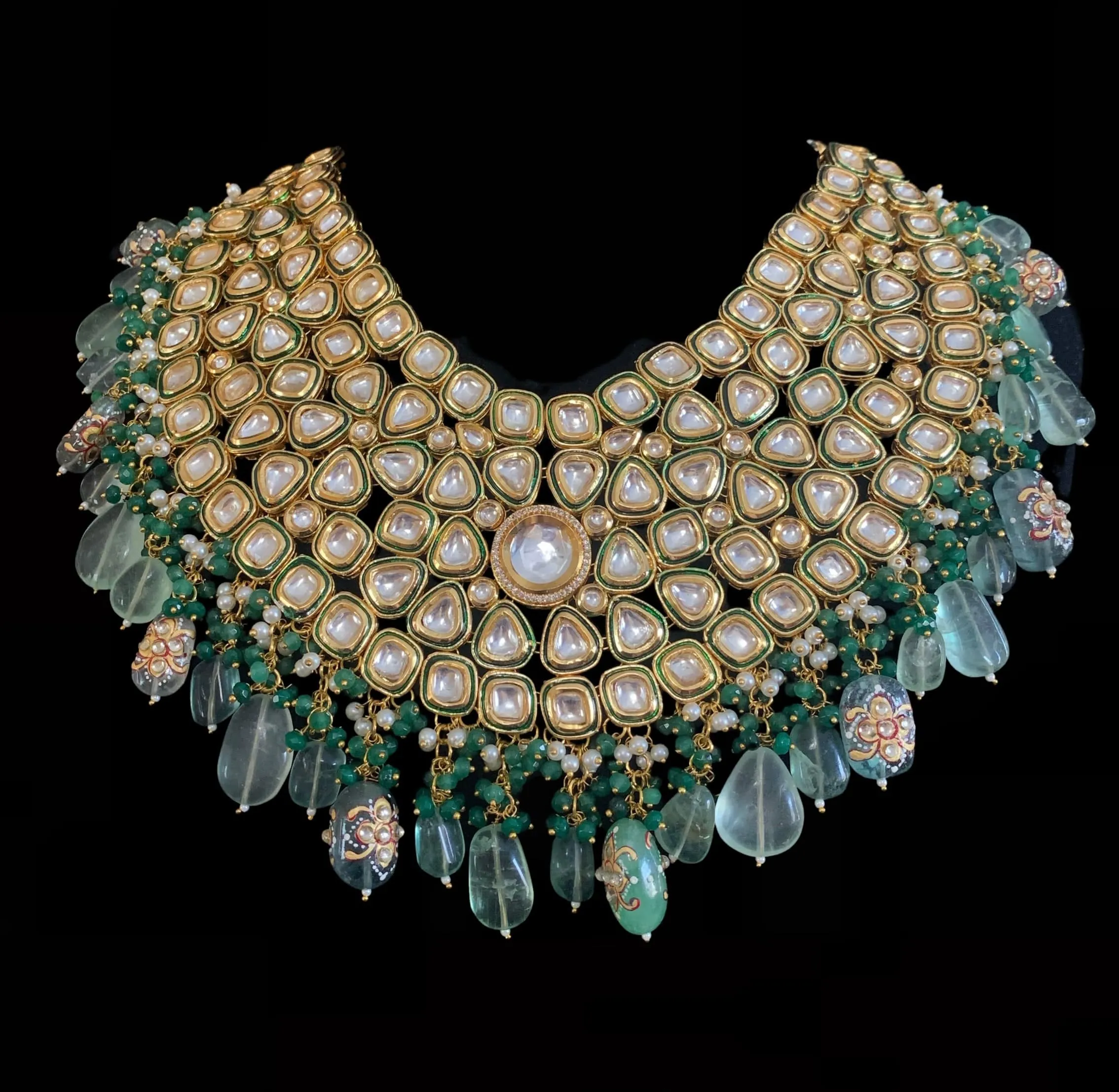 Amoli Kundan bridal set in green fluorite beads ( SHIPS IN 4 WEEKS  )