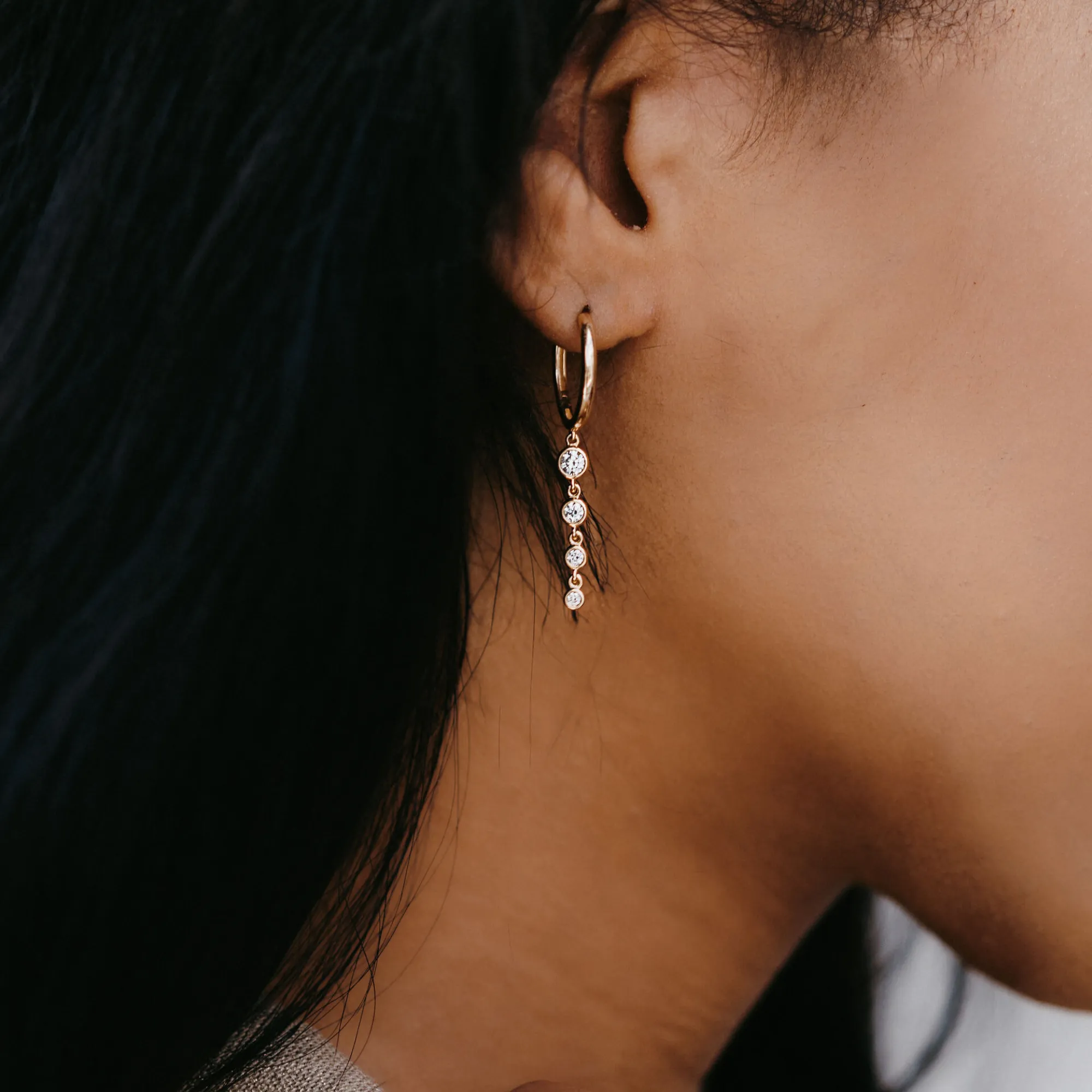 Bezel Dangle Diamond Hoop Earrings