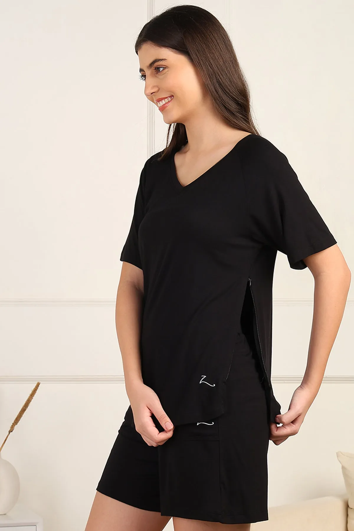 Black Maternity Nursing Top & Shorts Set