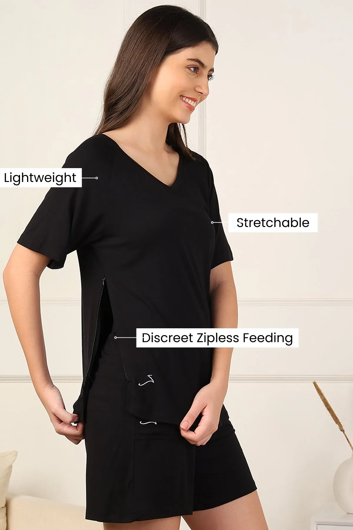 Black Maternity Nursing Top & Shorts Set