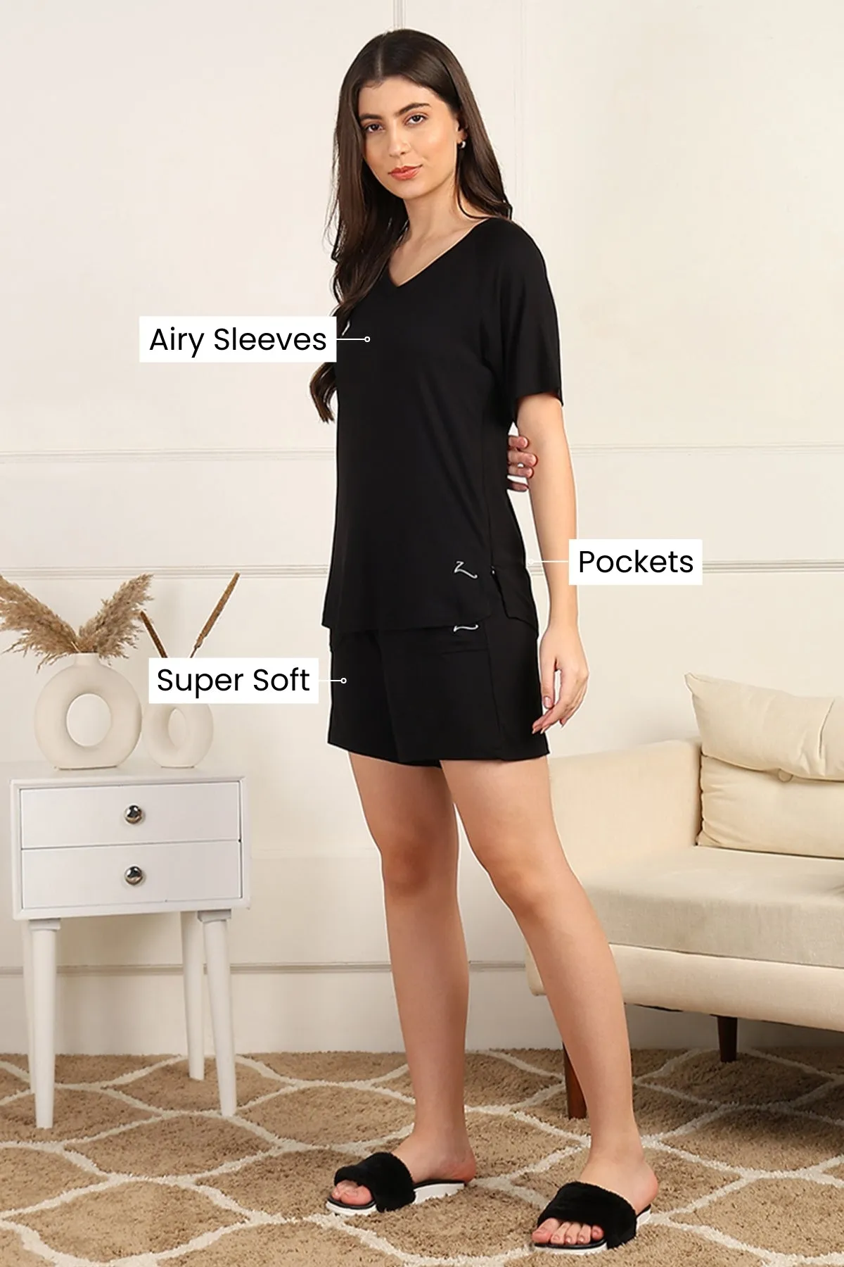 Black Maternity Nursing Top & Shorts Set