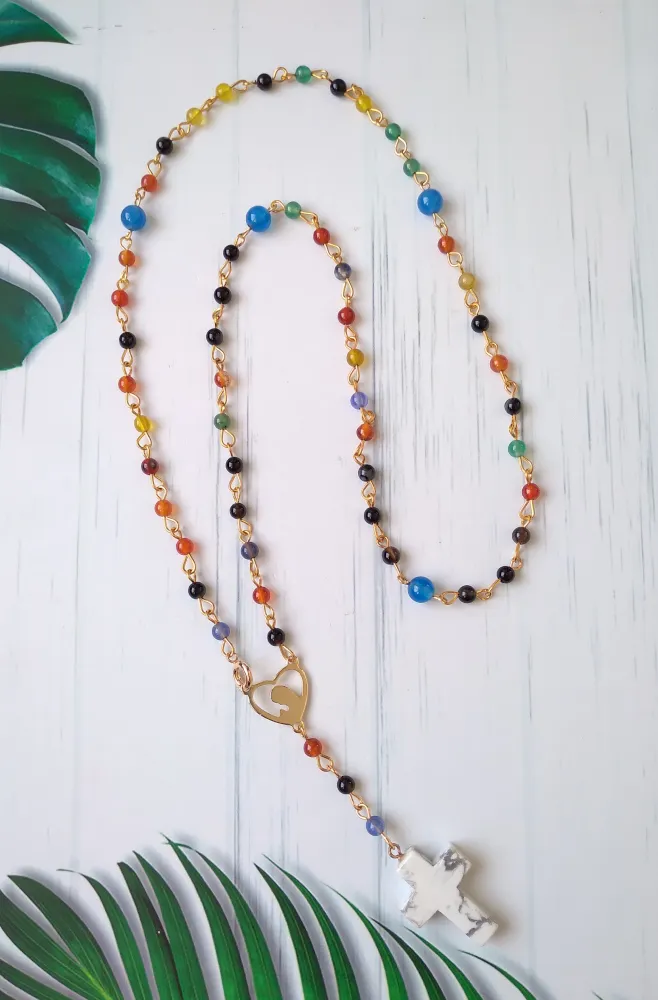 Gemstone Rosary with White Howlite Cross Necklace