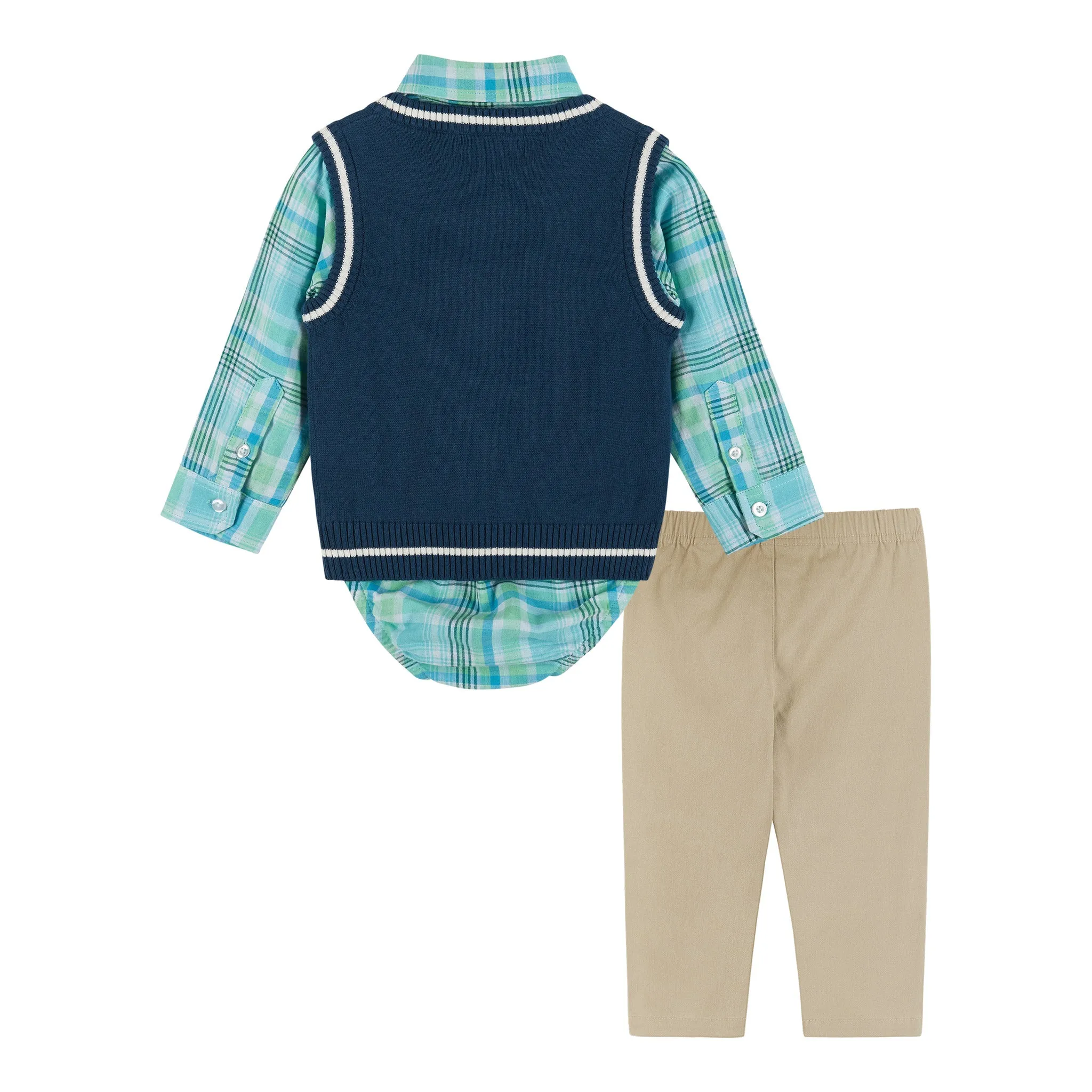 Infant 4-Piece Plaid & Sweater Vest Set | Green & Navy