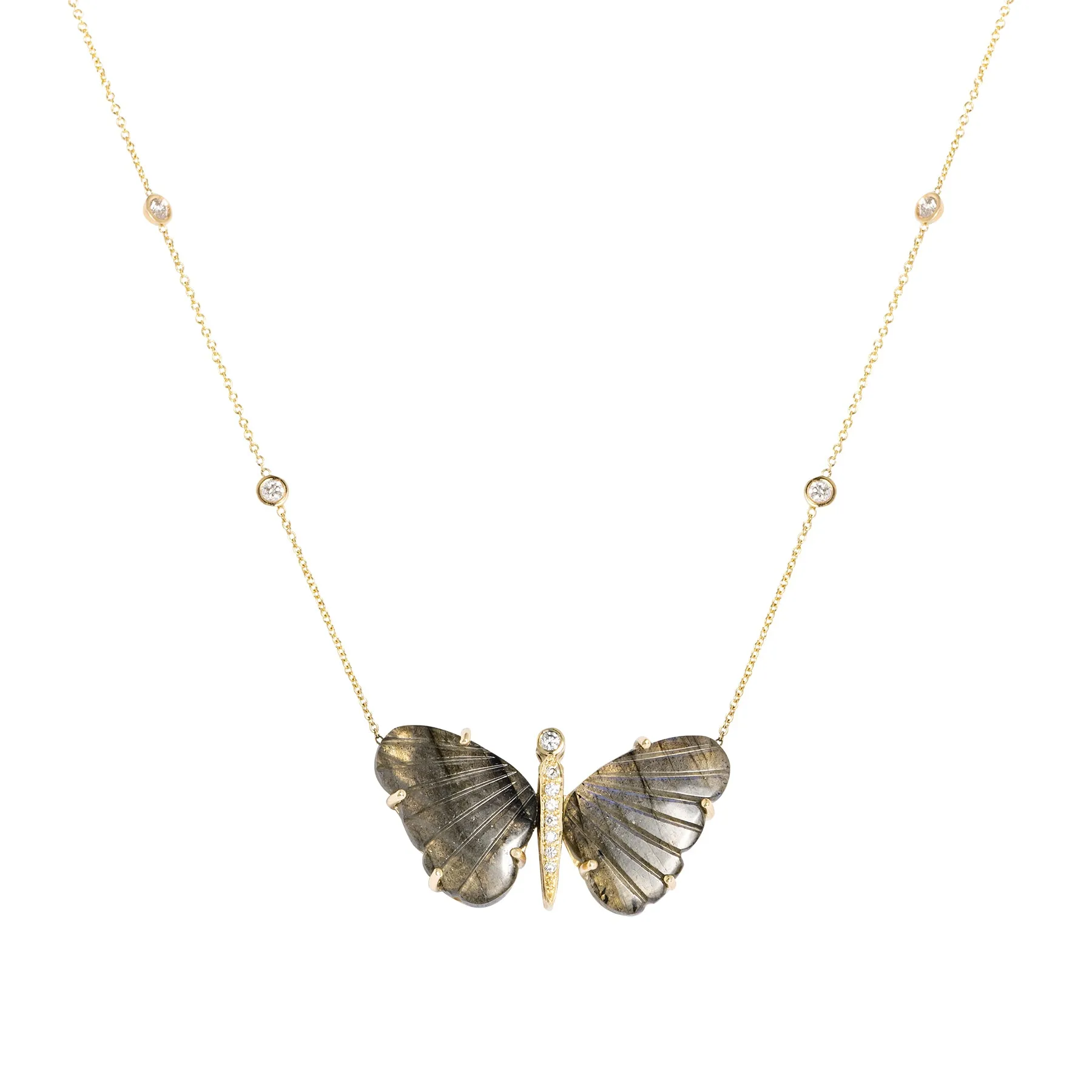 Large Labradorite Butterfly 4 Diamond Bezel Necklace