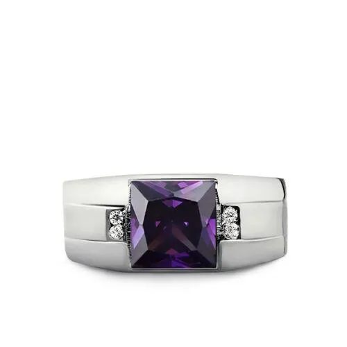 Real 10K White Gold Mens Ring 4 Natural Diamonds Accents and Purple Amethyst