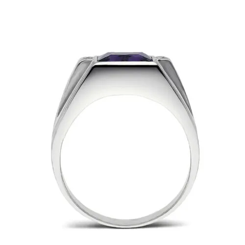 Real 10K White Gold Mens Ring 4 Natural Diamonds Accents and Purple Amethyst