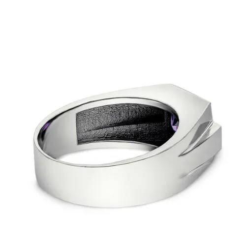 Real 10K White Gold Mens Ring 4 Natural Diamonds Accents and Purple Amethyst