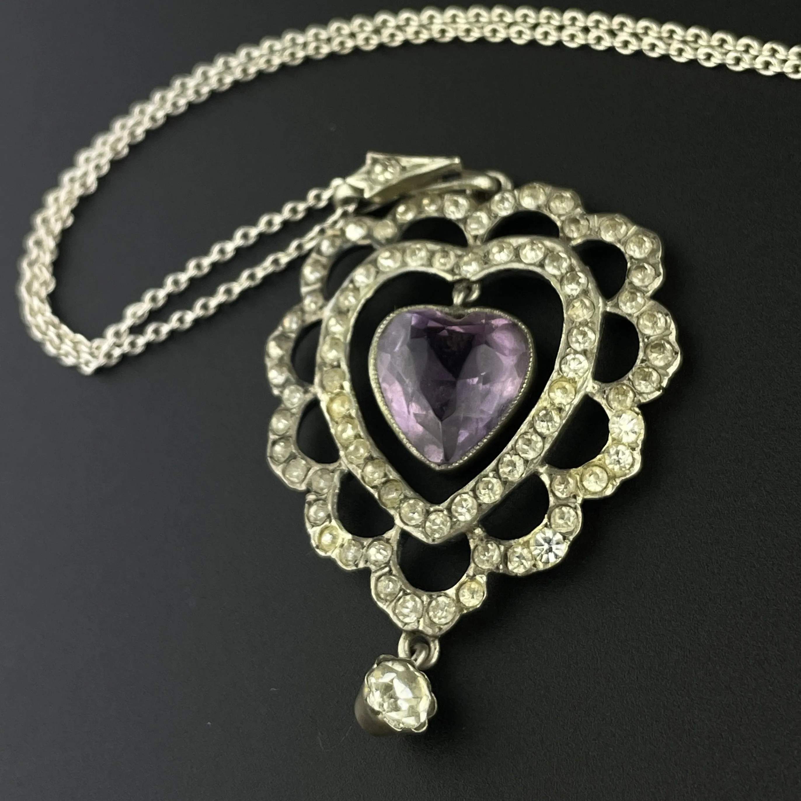 Silver Edwardian Amethyst Diamond Paste Pendant Necklace